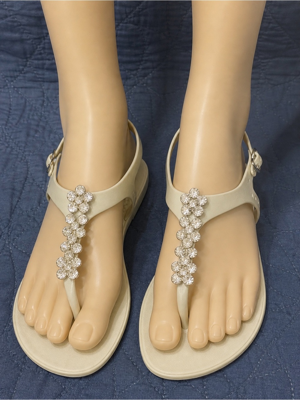 Beige T-Strap Rhinestone Women's Sandals - Elegant Comfort